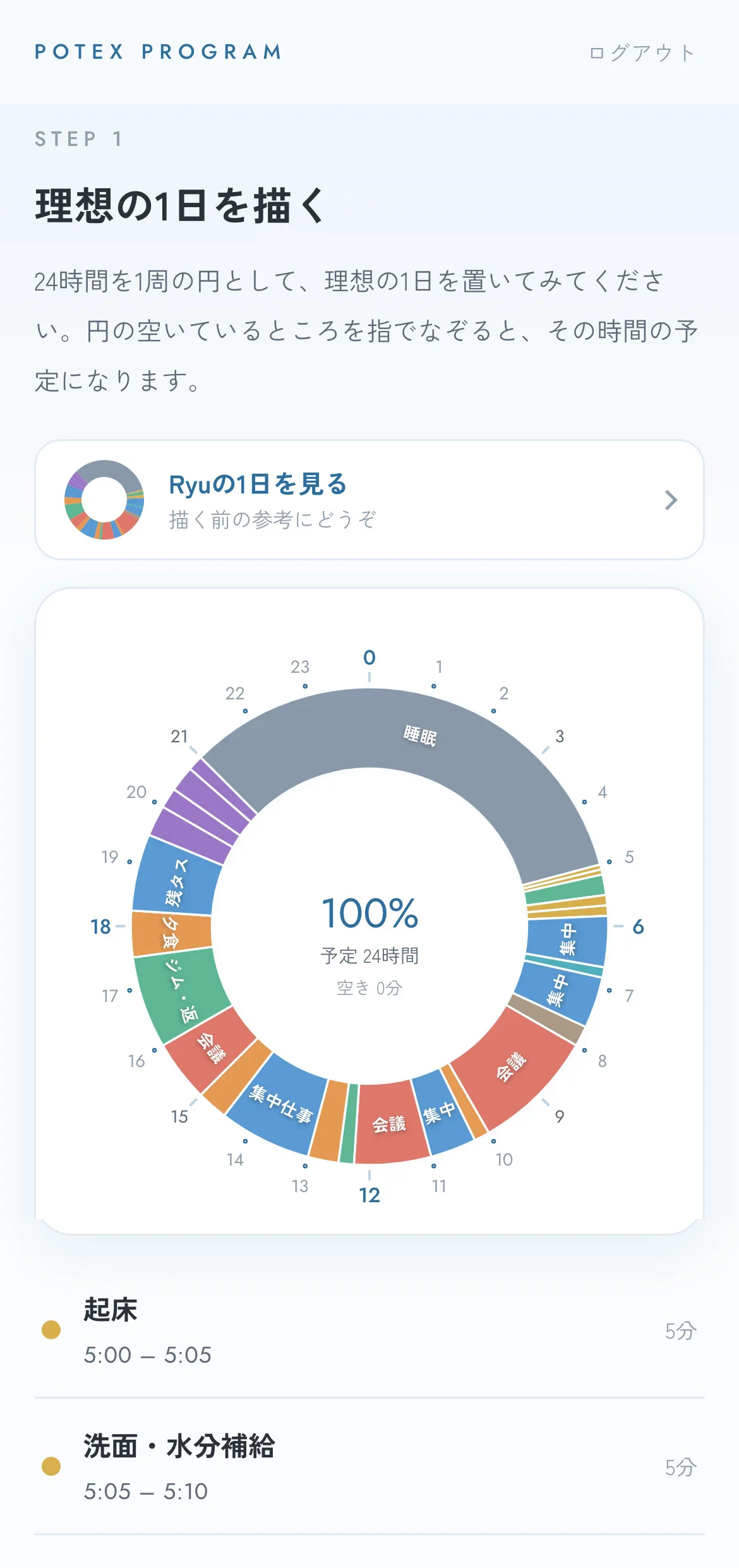 理想の1日を円グラフで描く画面